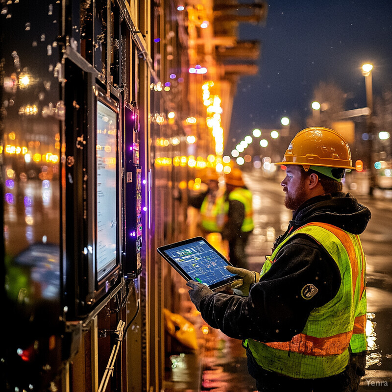 A man in a yellow hard hat and high-visibility vest is inspecting a construction site on a city street at night.