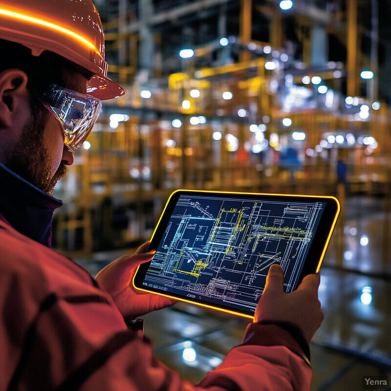 A man in a red hard hat and safety glasses is holding a tablet with a blueprint on it, standing in front of an industrial or construction site.