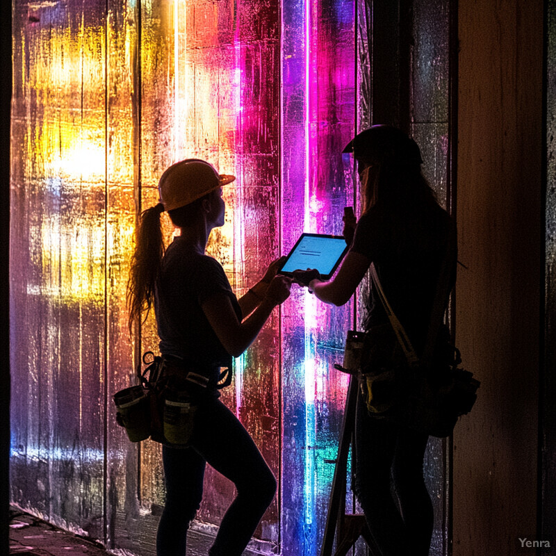 Two women in hard hats stand in front of a reflective wall, using technology to communicate and collaborate.