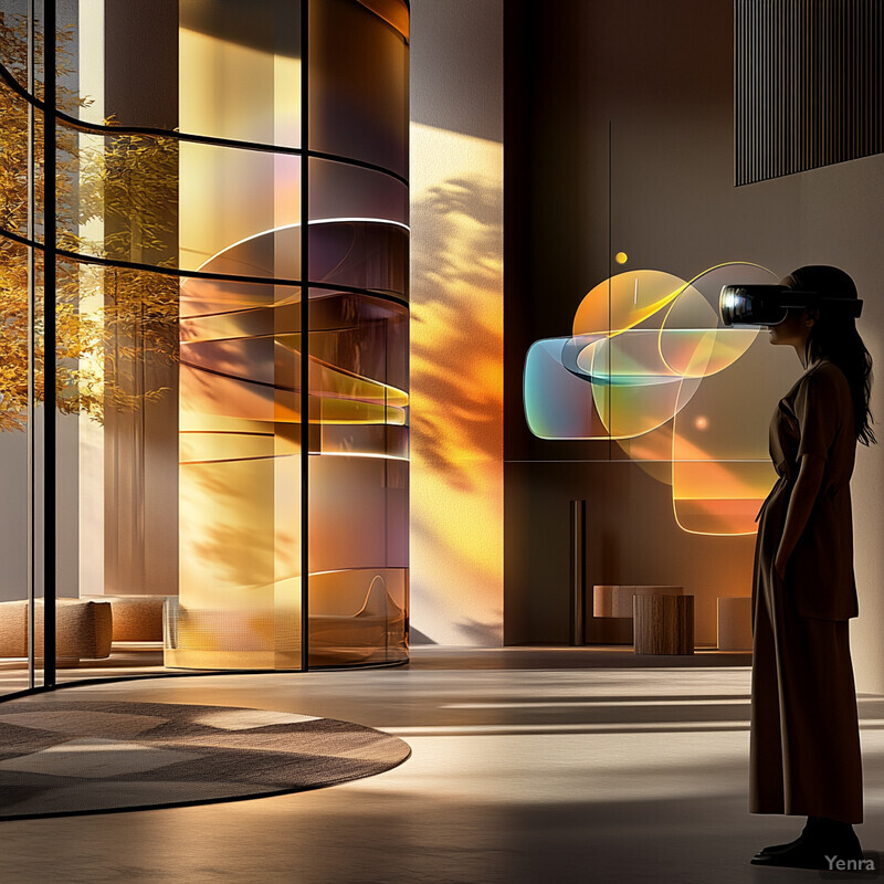 A woman wearing VR goggles stands in front of a large window in a modern interior room.