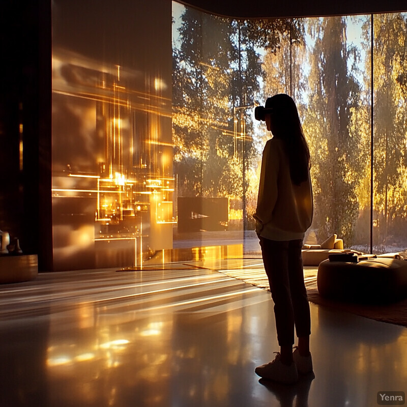 A woman stands in front of an immersive display wall, wearing a VR headset and engaged in an interactive experience.