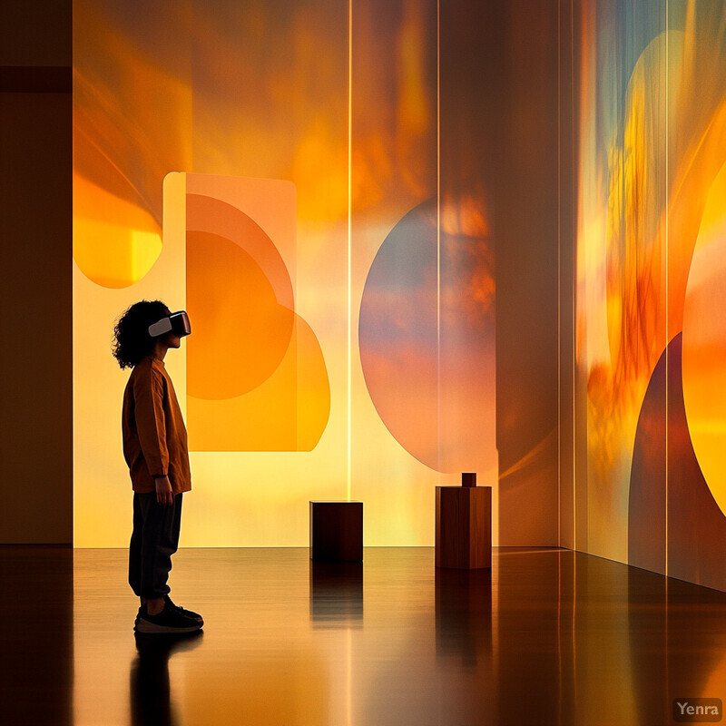 A person wearing a VR headset stands in front of a large screen displaying an immersive virtual reality experience with a warm orange and yellow background.