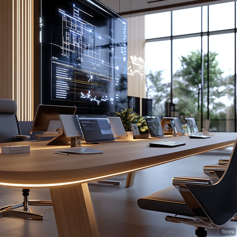 A modern office space with a long wooden table and chairs, where two individuals are engaged in a meeting.