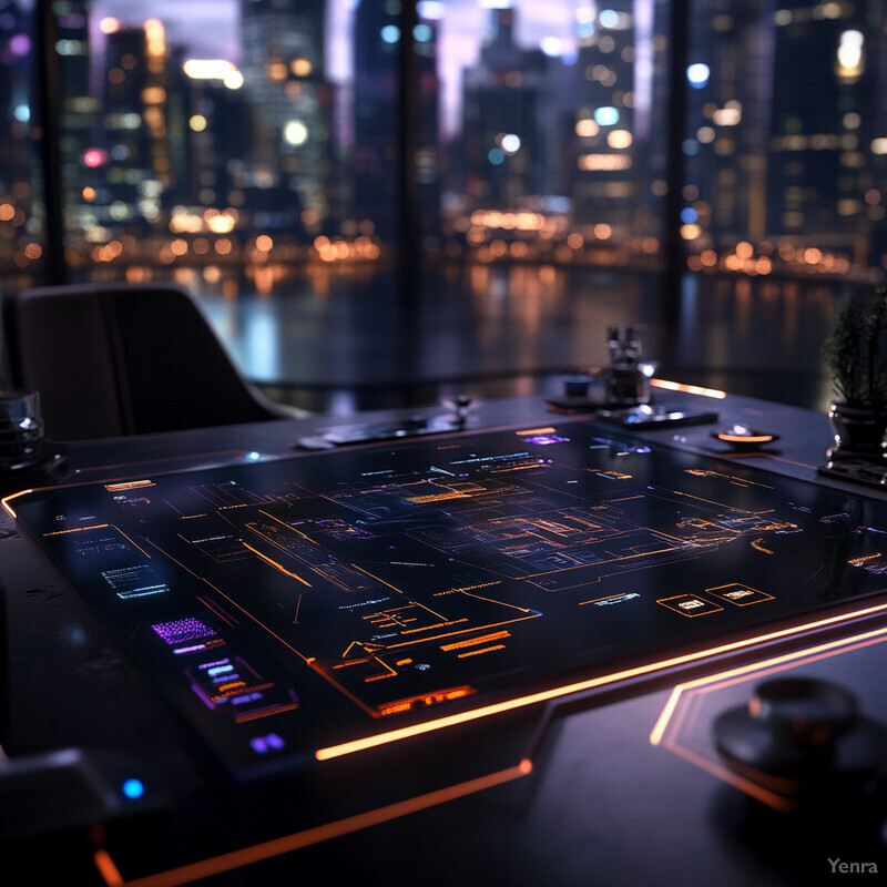 A futuristic-looking table with an illuminated screen and a potted plant in the background.