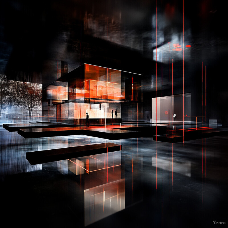 A futuristic building with an orange and black color scheme, inspired by modern architecture.