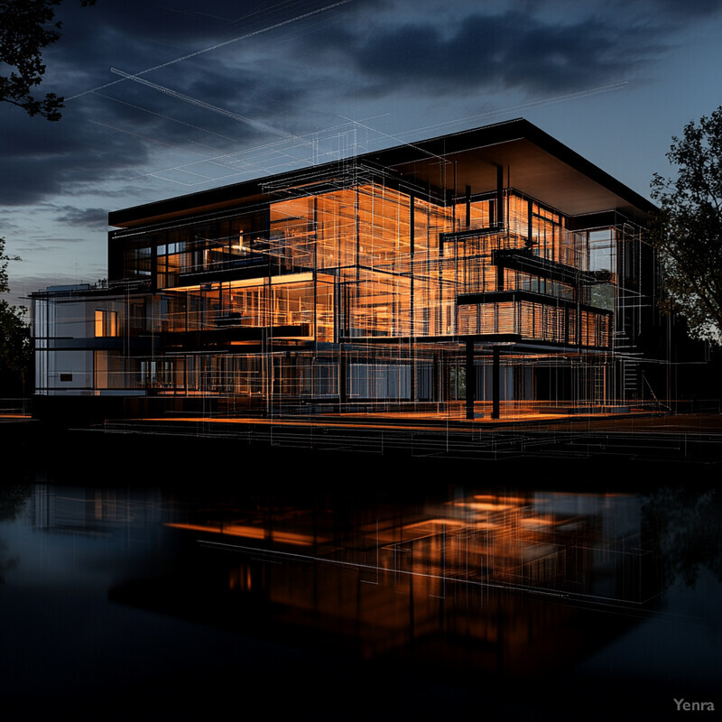 A large, modern building with a glass facade and metal framework situated on a body of water.