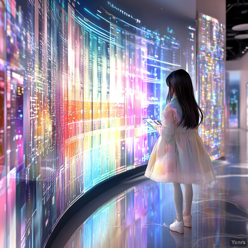 A young girl interacts with an immersive digital art installation featuring a vibrant abstract cityscape.