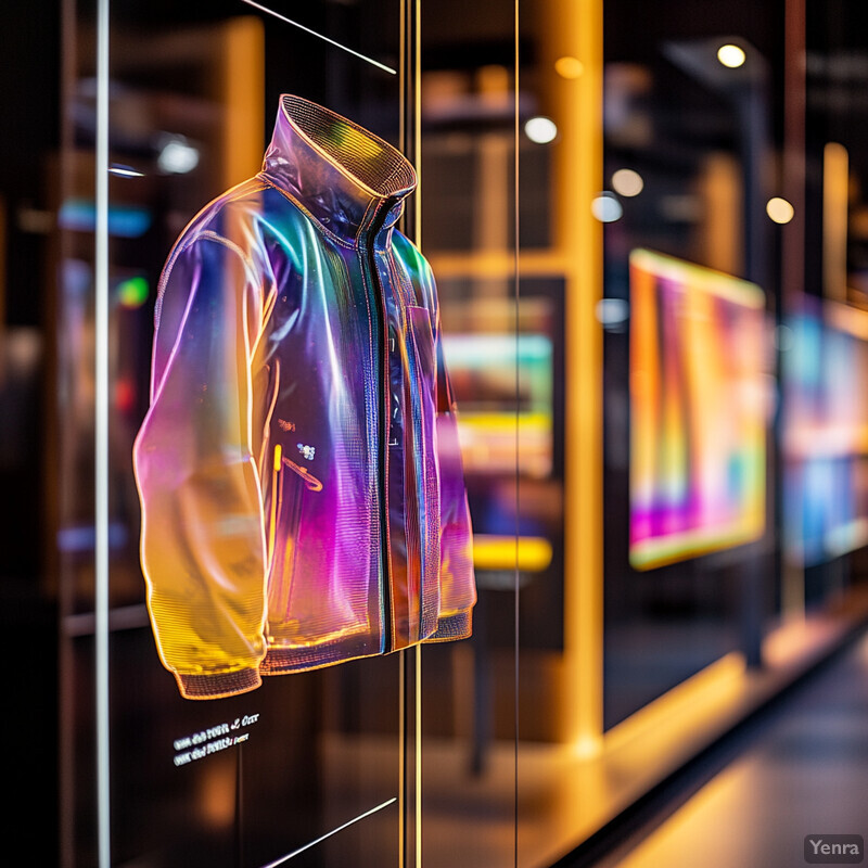 A holographic jacket is showcased in a store window or museum setting, highlighting its unique features and innovative design.