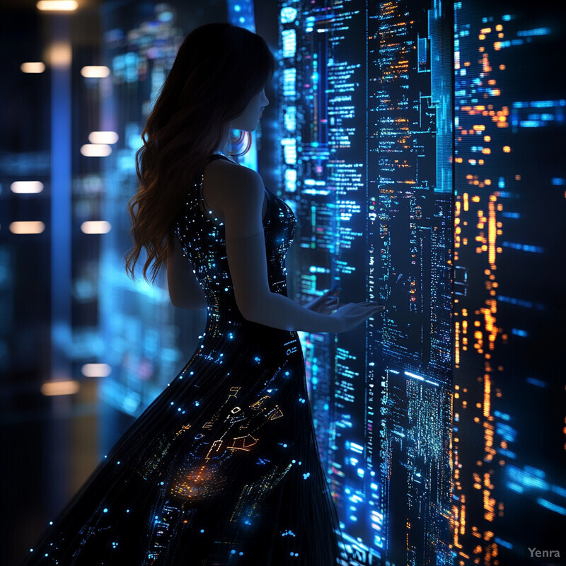 A woman stands in front of a cityscape at night, wearing a black dress with intricate designs and patterns that reflect the lights of the surrounding buildings.