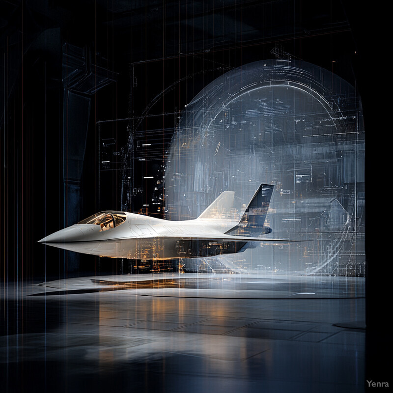 A futuristic aircraft with a sleek and aerodynamic design is showcased in a dark and featureless background.