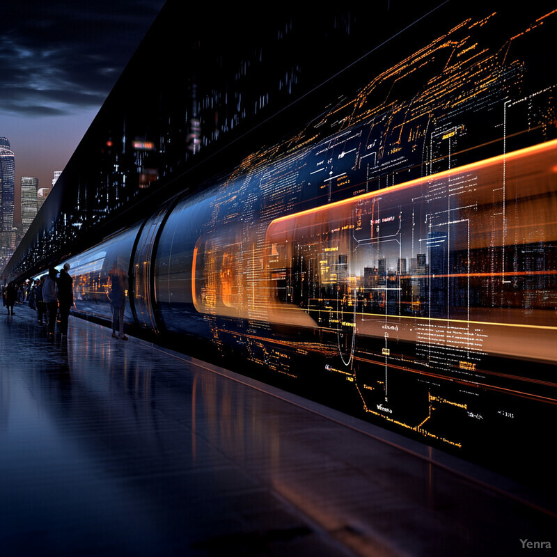 A futuristic train station with a sleek, high-tech train and digital displays.