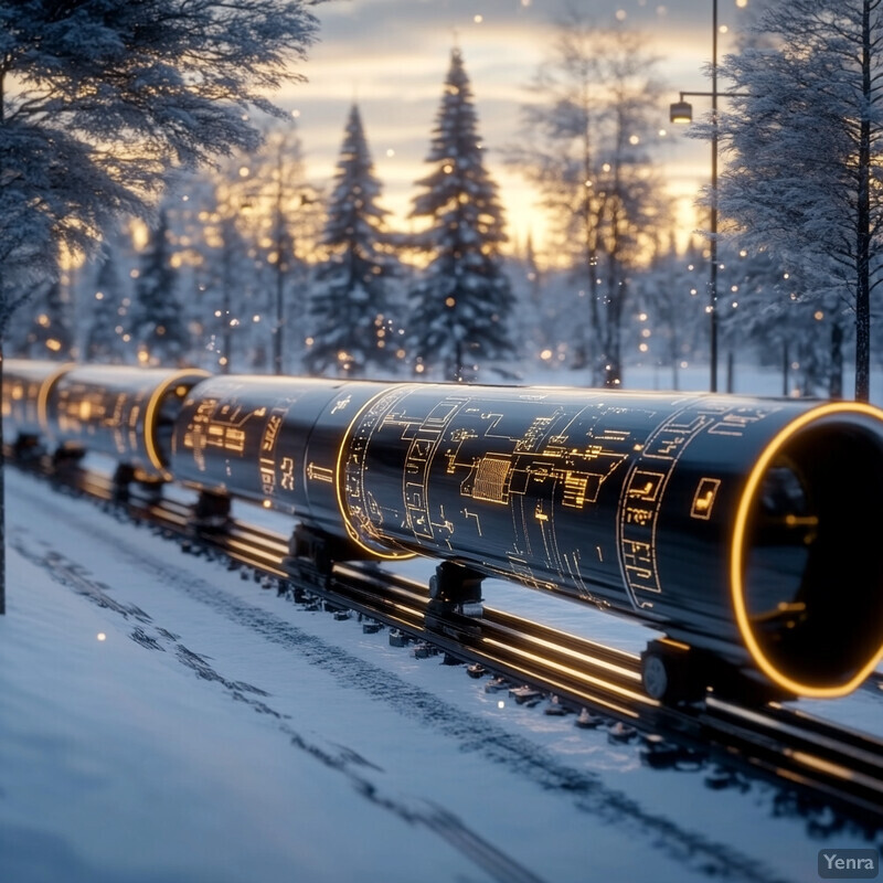 A futuristic scene featuring a black tube running along a snowy path, illuminated by gold lights and surrounded by snow-covered trees in the background.