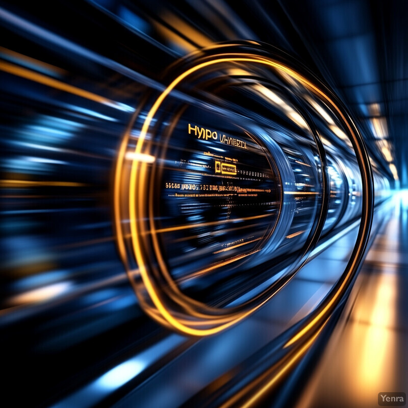 A futuristic tunnel with a cityscape at night, featuring blue and orange lights and a circular window.