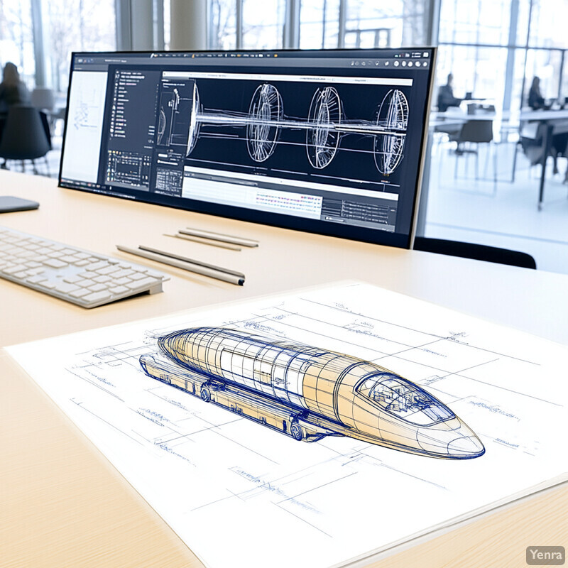 A computer monitor displaying an engineering drawing sits on a desk with various objects and chairs in the background.