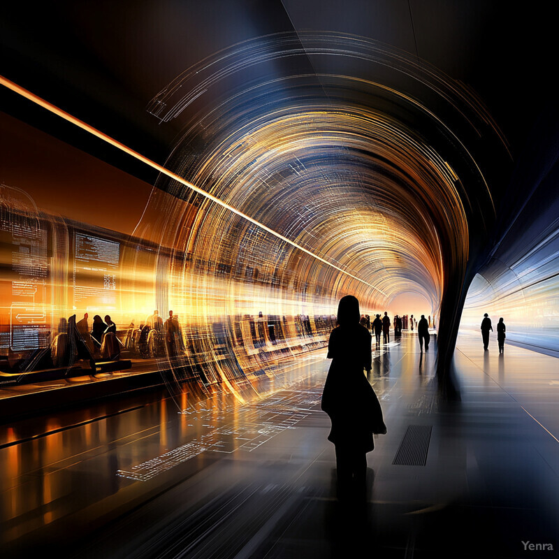 Futuristic-looking subway station with large screens and busy atmosphere.