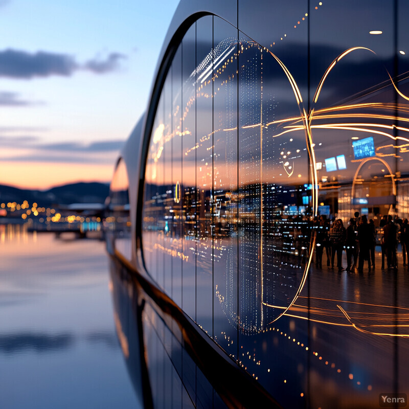 A large, curved glass window with an orange glow and a reflection of the surrounding environment.