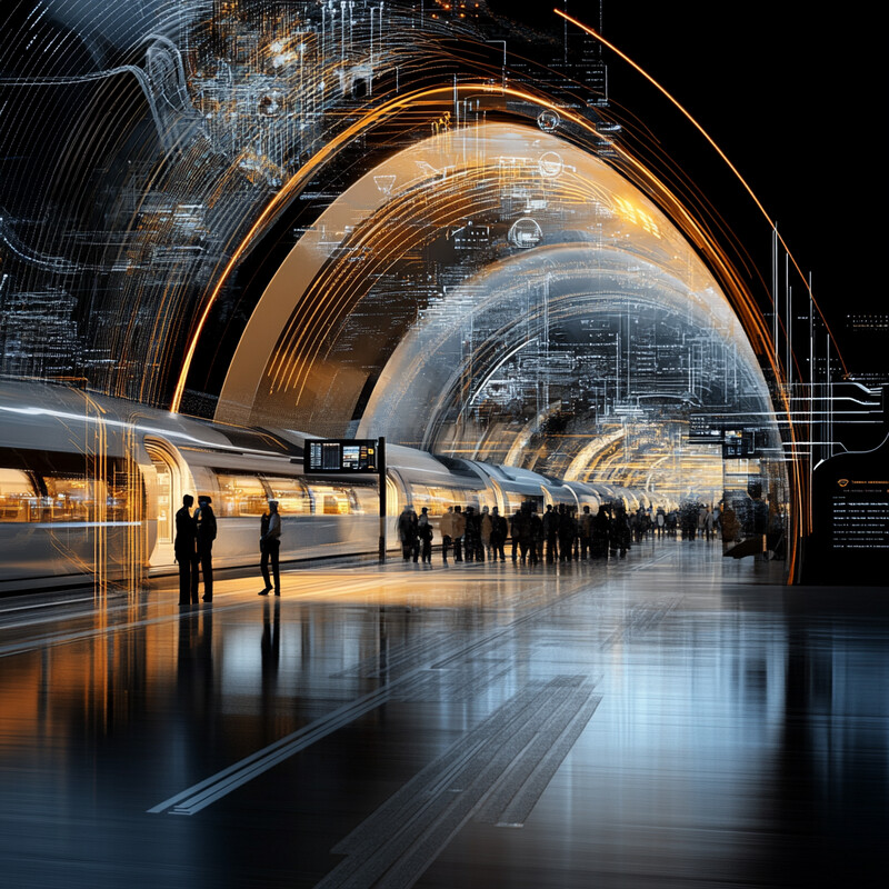 A futuristic train station with modern design and accurate information displays.