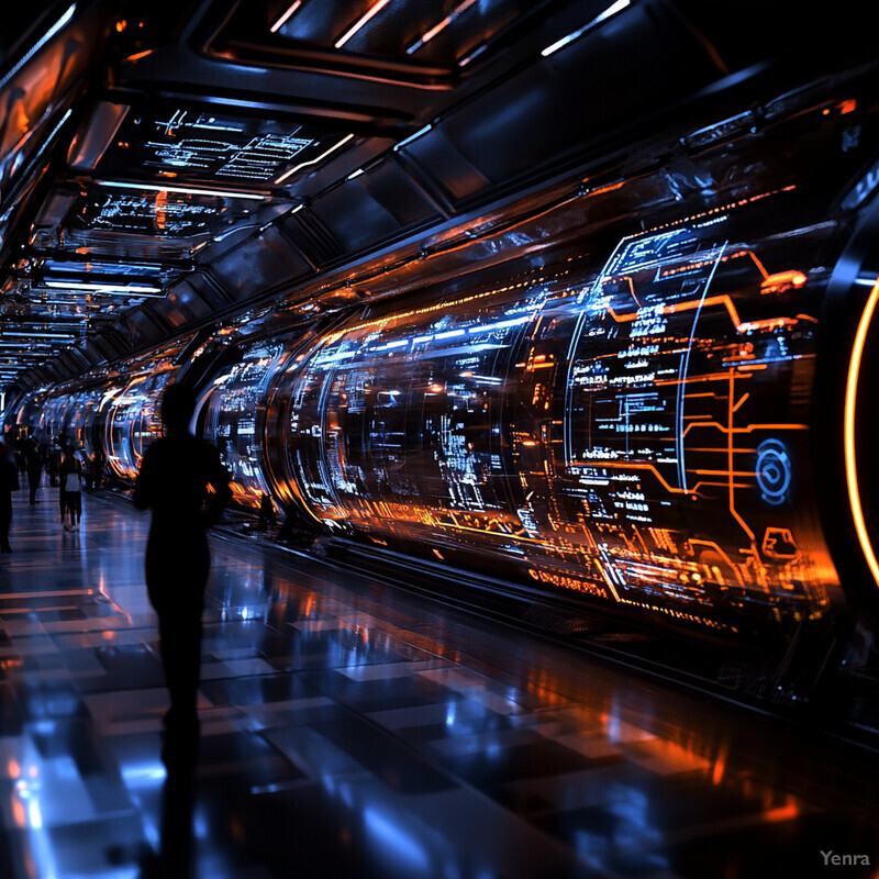 A futuristic-looking tunnel or corridor with high-tech screens and a sense of excitement and anticipation.