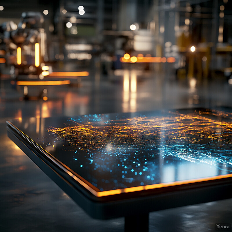 A futuristic-looking table with a screen displaying a map/network of interconnected lines and dots in shades of blue and orange.