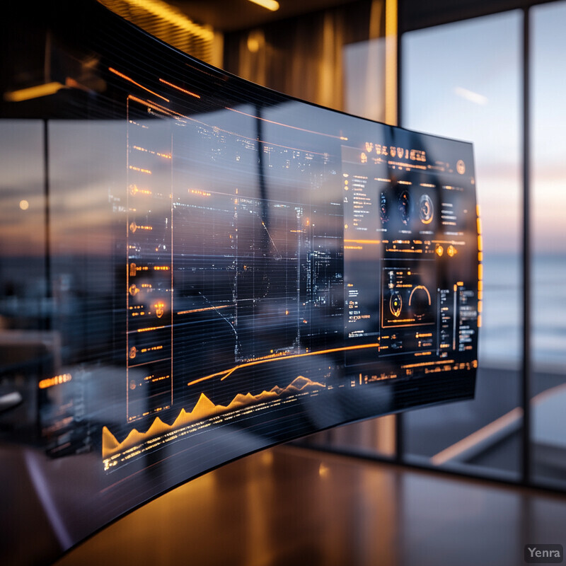 Futuristic screen displaying financial graphs and charts in an office setting.