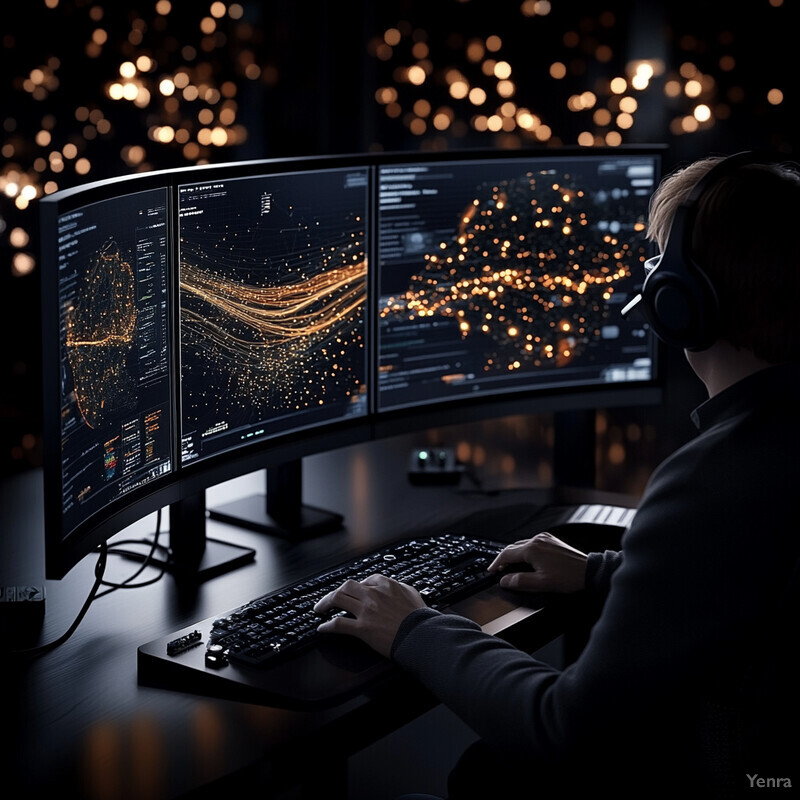 A person sits at a desk in front of three computer monitors displaying various graphs and charts.