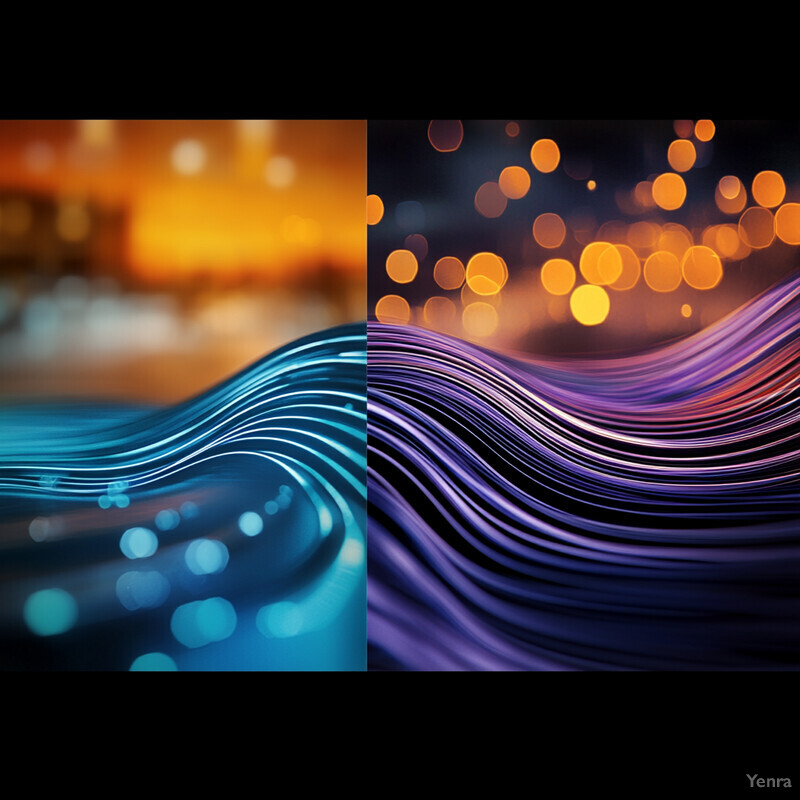 An abstract composition featuring two dynamic wave-like patterns in blue and purple, set against blurred backgrounds with orange accents.