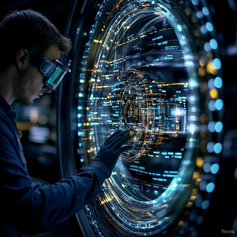 A man intensely focused on a large screen display in an industrial or laboratory setting.