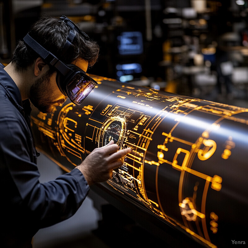 A man examines a large, cylindrical object with yellow symbols in an industrial setting.