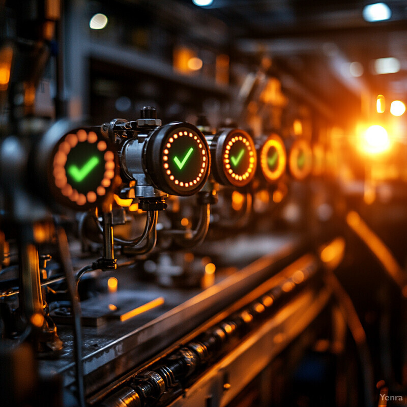 Industrial machines in a row with green checkmarks on round black displays.