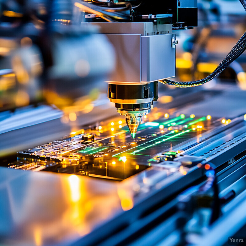 A machine with a green laser pointer and yellow light on it in a factory or warehouse setting.