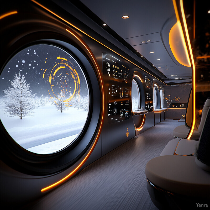 A futuristic train car with large circular windows and modern decor.