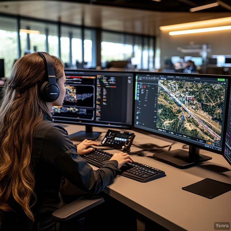 A woman is working on optimizing routes for delivery drivers or other transportation-related tasks using multiple computer monitors and a keyboard.