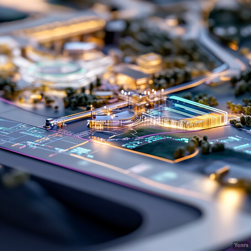 A 3D model of a city or town at night, featuring commercial and residential buildings, roads, and streetlights.