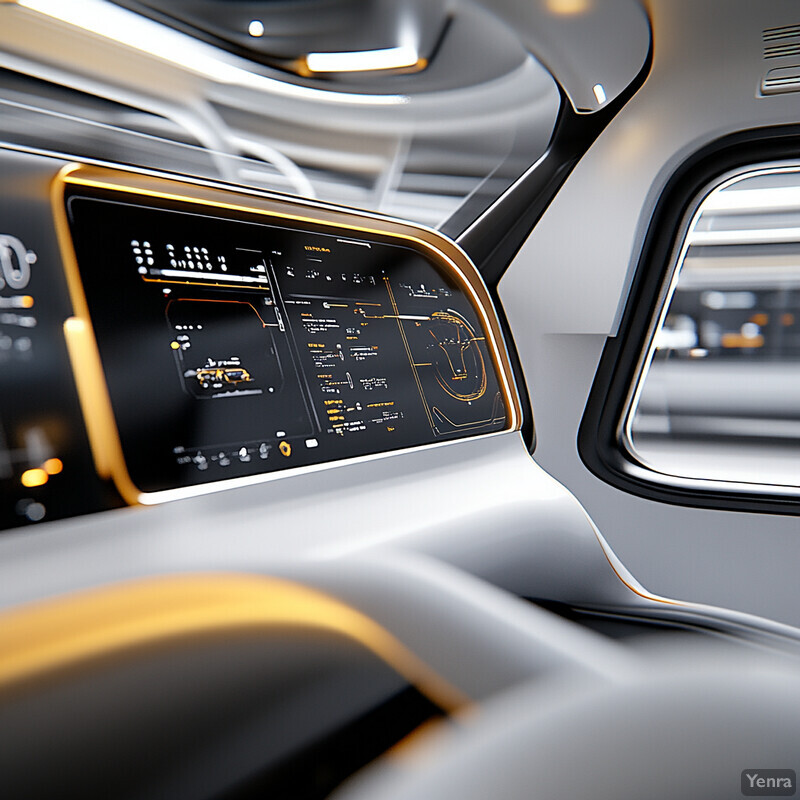 A futuristic control system for pod navigation with a large screen displaying real-time data and touch-sensitive controls.