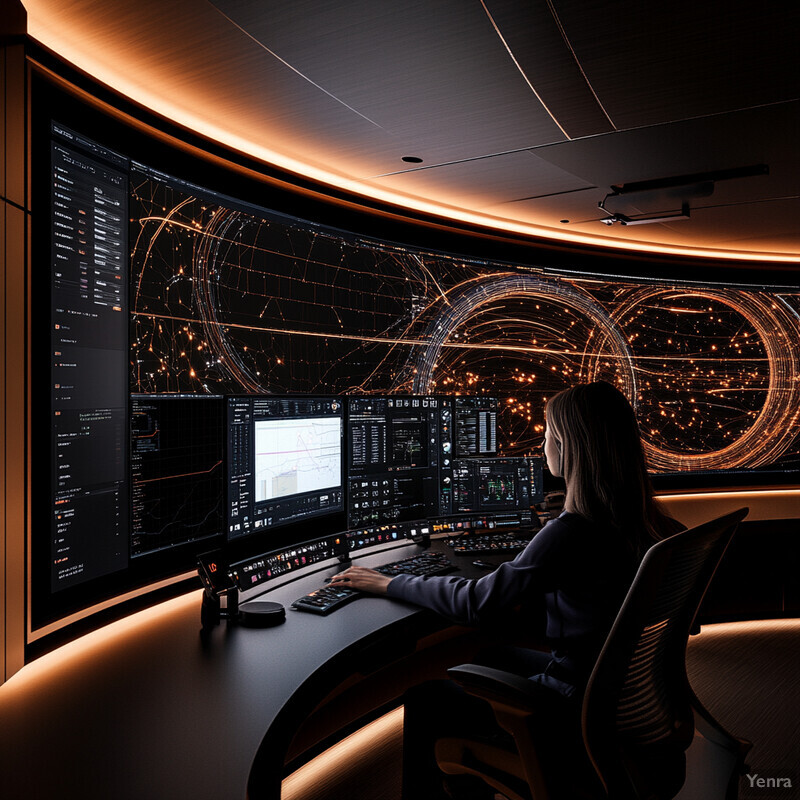 A woman sitting at a desk in front of a large computer screen displaying various graphs and charts.