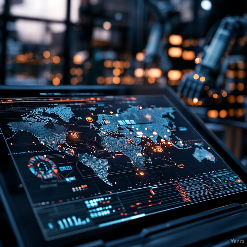 A large screen displays a world map with symbols and icons, possibly used for monitoring global events or tracking data.