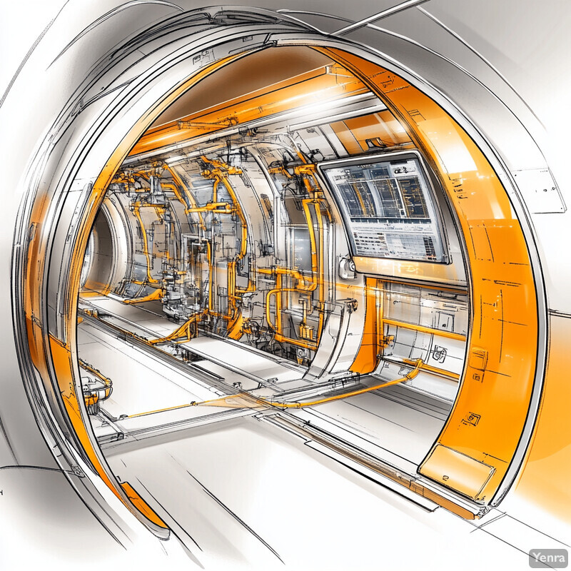 A large, circular room with a prominent yellow and silver structure at its center, possibly in a space station or laboratory.