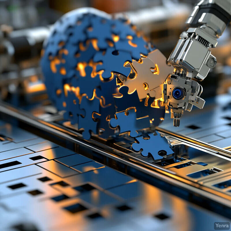 A robotic arm grasps puzzle pieces in an industrial setting.