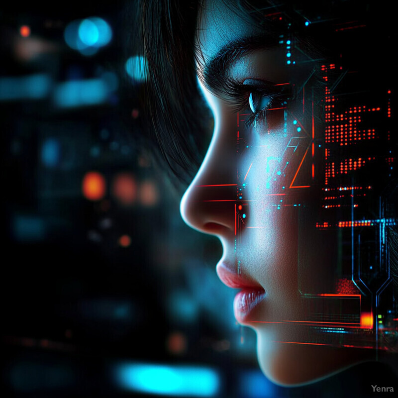 A woman's face with an overlay of futuristic and technological elements.