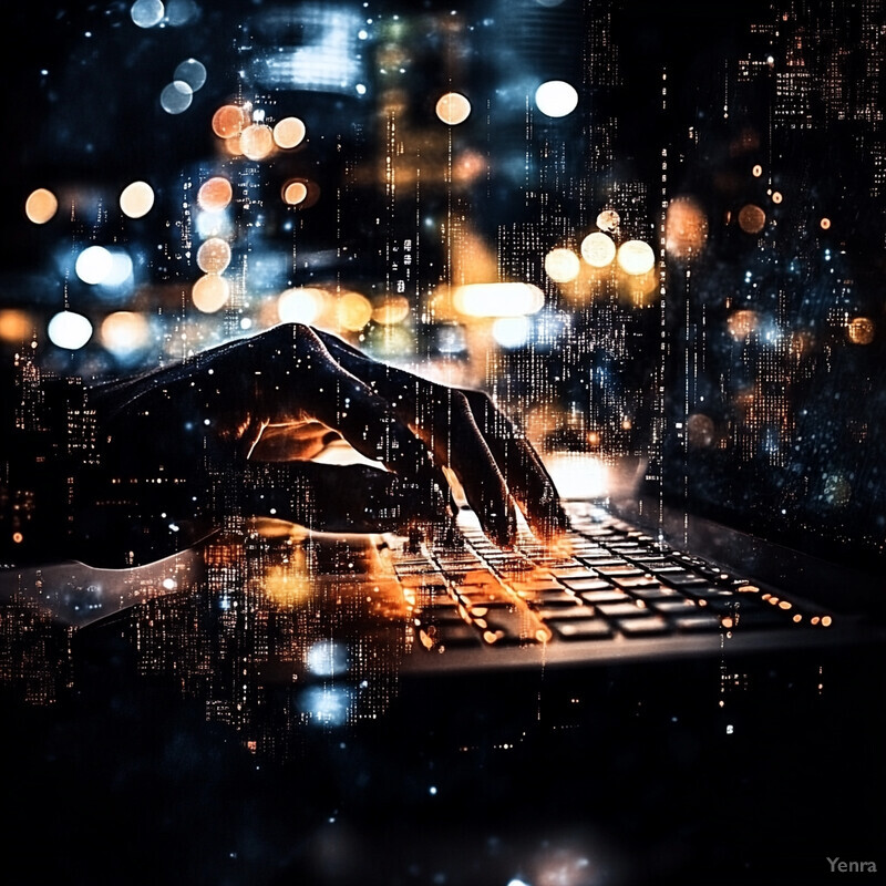 A person's hand rests on a laptop keyboard in a dimly lit room, surrounded by an office-like environment.