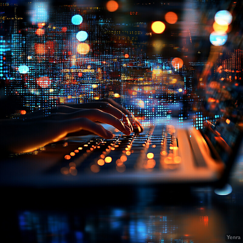 A person typing on a laptop in front of a city skyline at night.