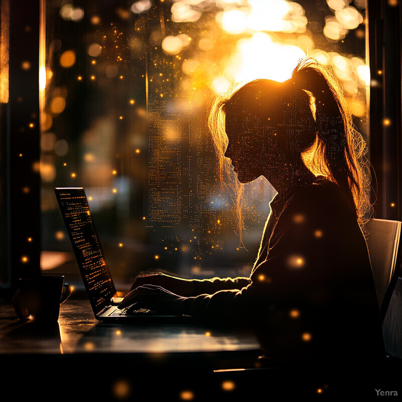 A woman sits at a desk in front of an older laptop computer, surrounded by papers and office supplies.