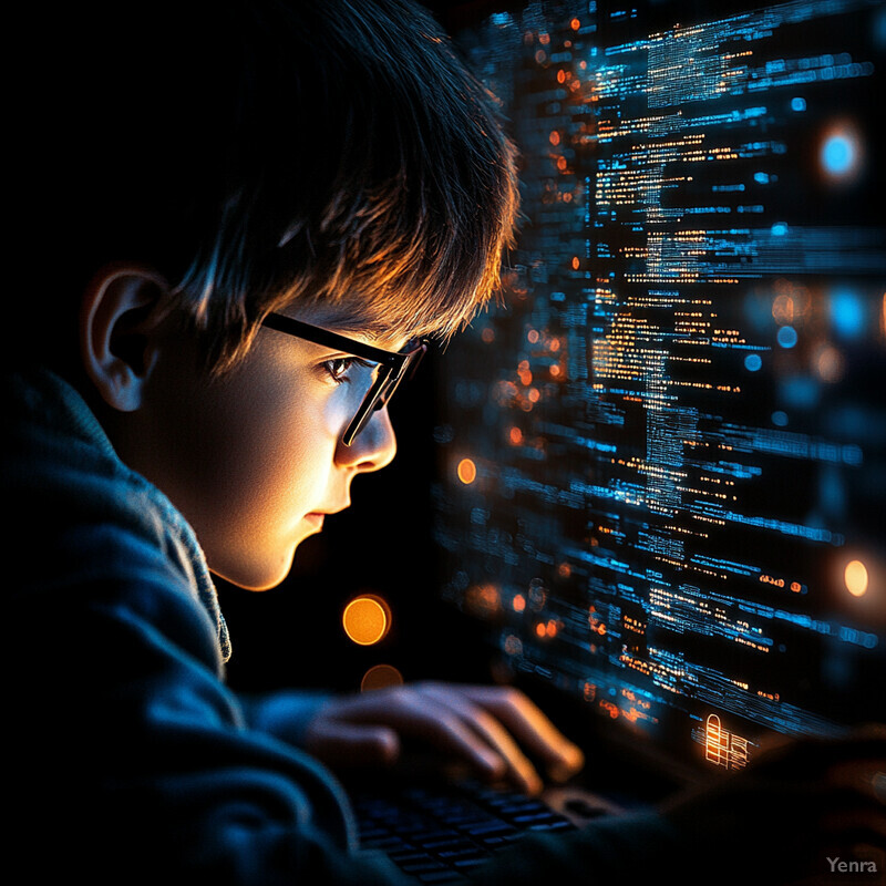 A young boy intently focused on a computer screen displaying code lines.