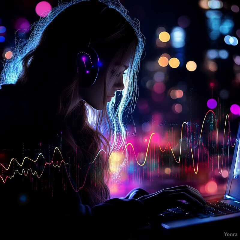 A woman sits at a desk, focused on her laptop screen.