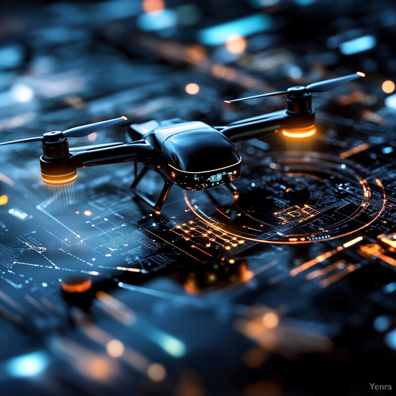 A futuristic drone is captured in flight above a city at night, its sleek design and advanced technology on full display.