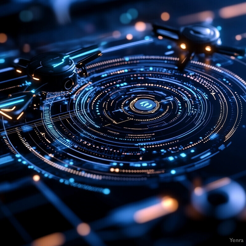 A futuristic control panel or dashboard with a large circular screen and various buttons, dials, and levers.