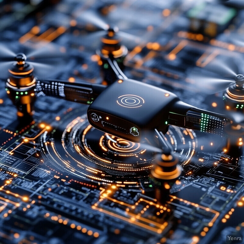 A drone is shown in front of a circuit board or motherboard, highlighting the integration of advanced technology into modern devices.