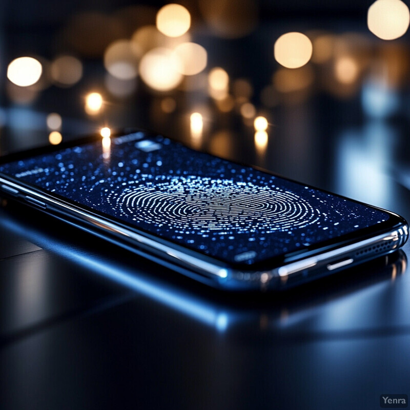 A smartphone with a fingerprint sensor on its screen is displayed in an indoor setting.