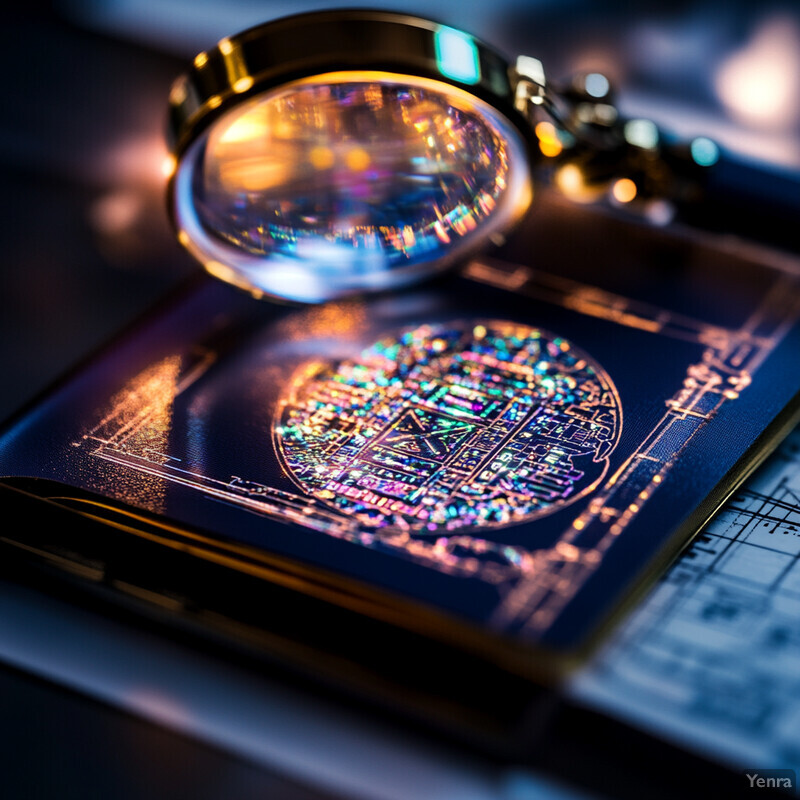 A magnifying glass is placed on top of a book or document, highlighting an intricate design in gold and blue hues.