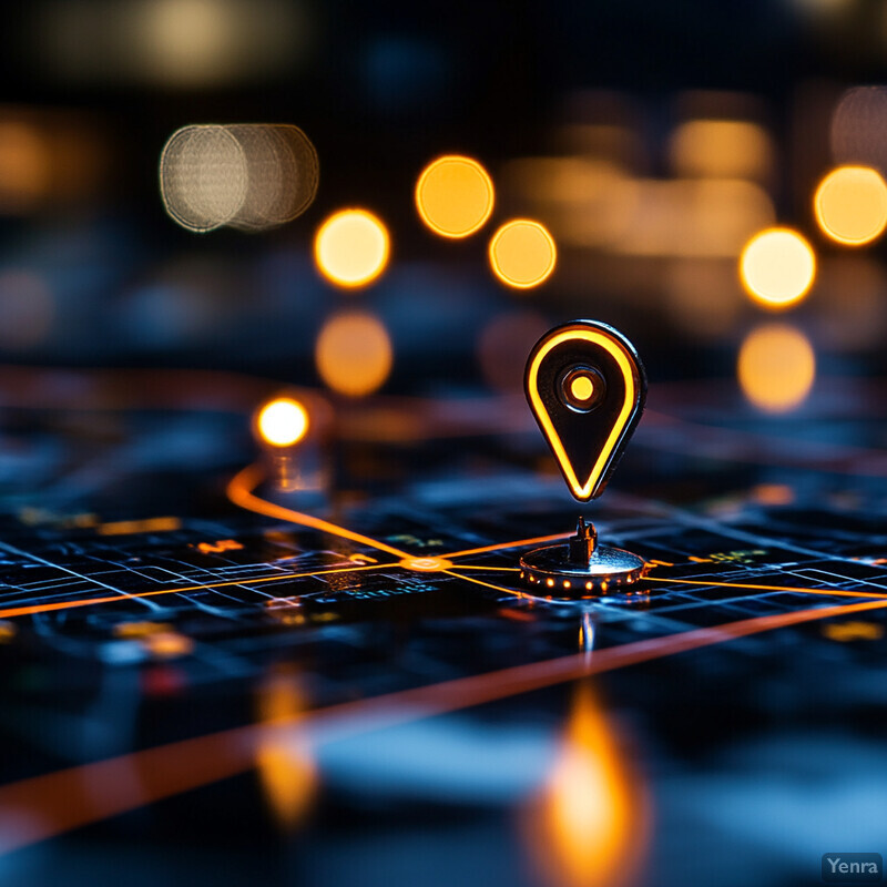 A geolocation pin icon sits atop an abstract map, surrounded by orange lines and symbols, set against a blurred cityscape backdrop.